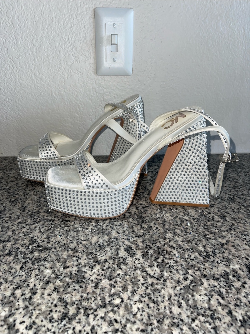 Qupid Silver Embellished Platform Slingback Heels